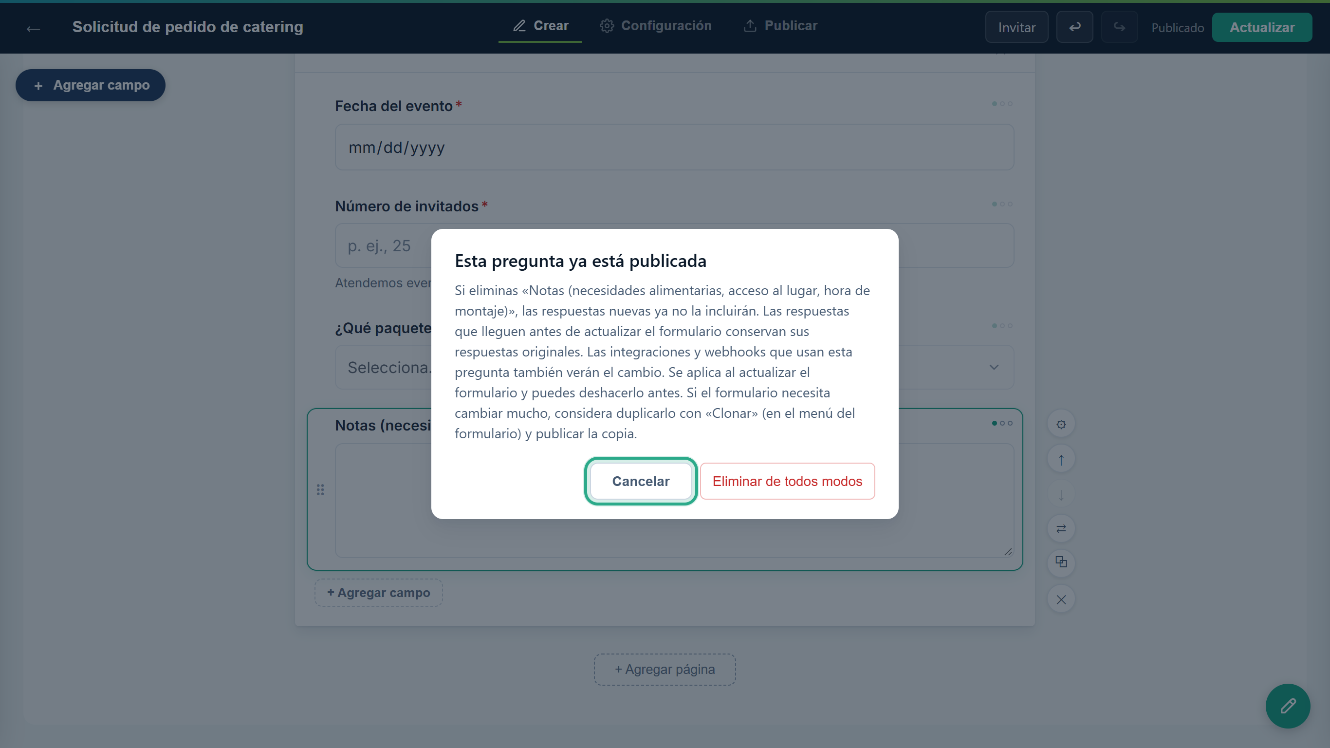 El cuadro Esta pregunta ya está publicada para el campo Notas, con el botón Cancelar resaltado junto a Eliminar de todos modos
