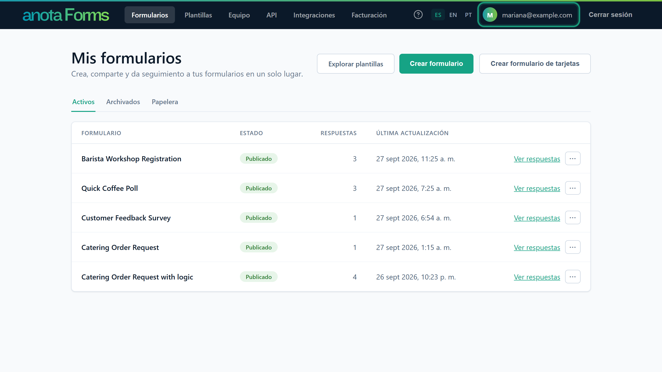 La página Mis formularios con el avatar M y mariana@example.com de la barra superior resaltados