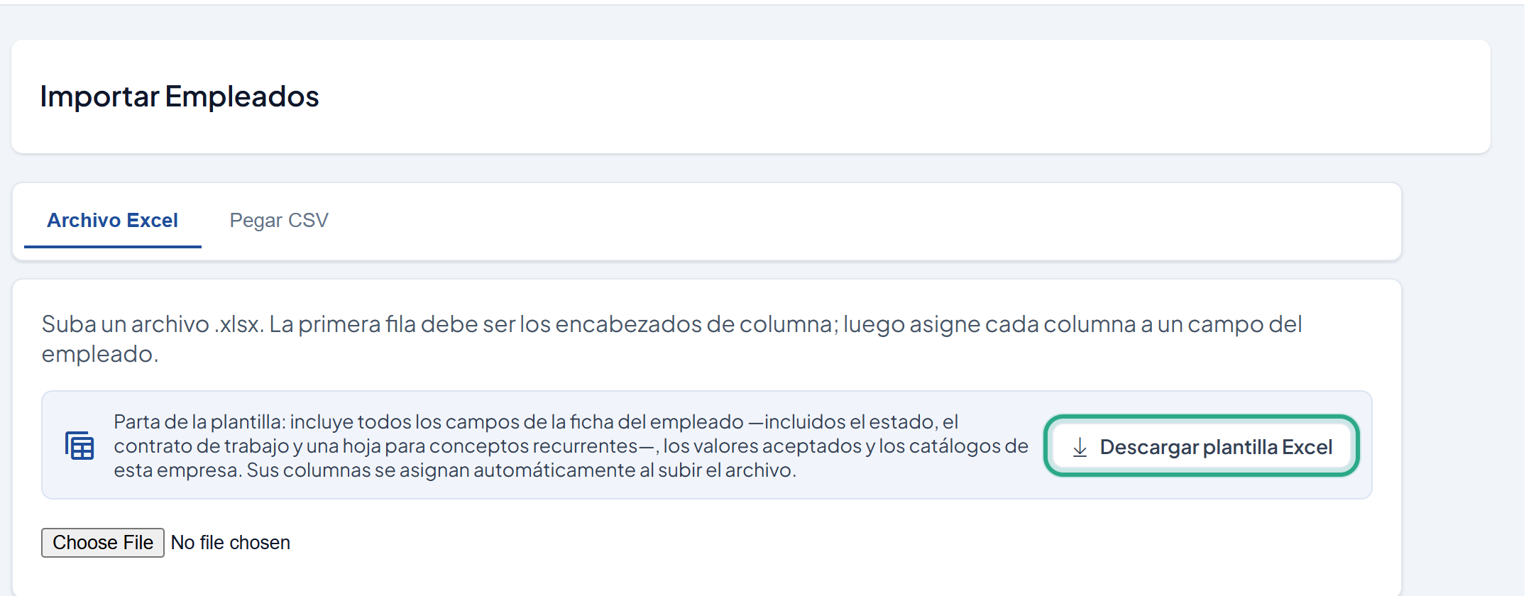 Pantalla Importar Empleados con el botón Descargar plantilla Excel resaltado
