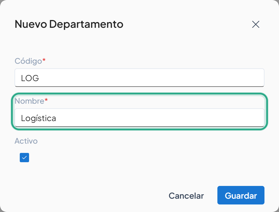 Campo Nombre resaltado con el texto Logística