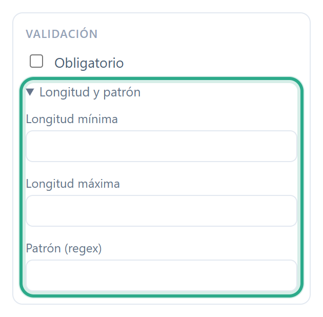 La sección Validación de un campo de Texto corto con Longitud y patrón abierto y resaltado, mostrando Longitud mínima, Longitud máxima y Patrón (regex)