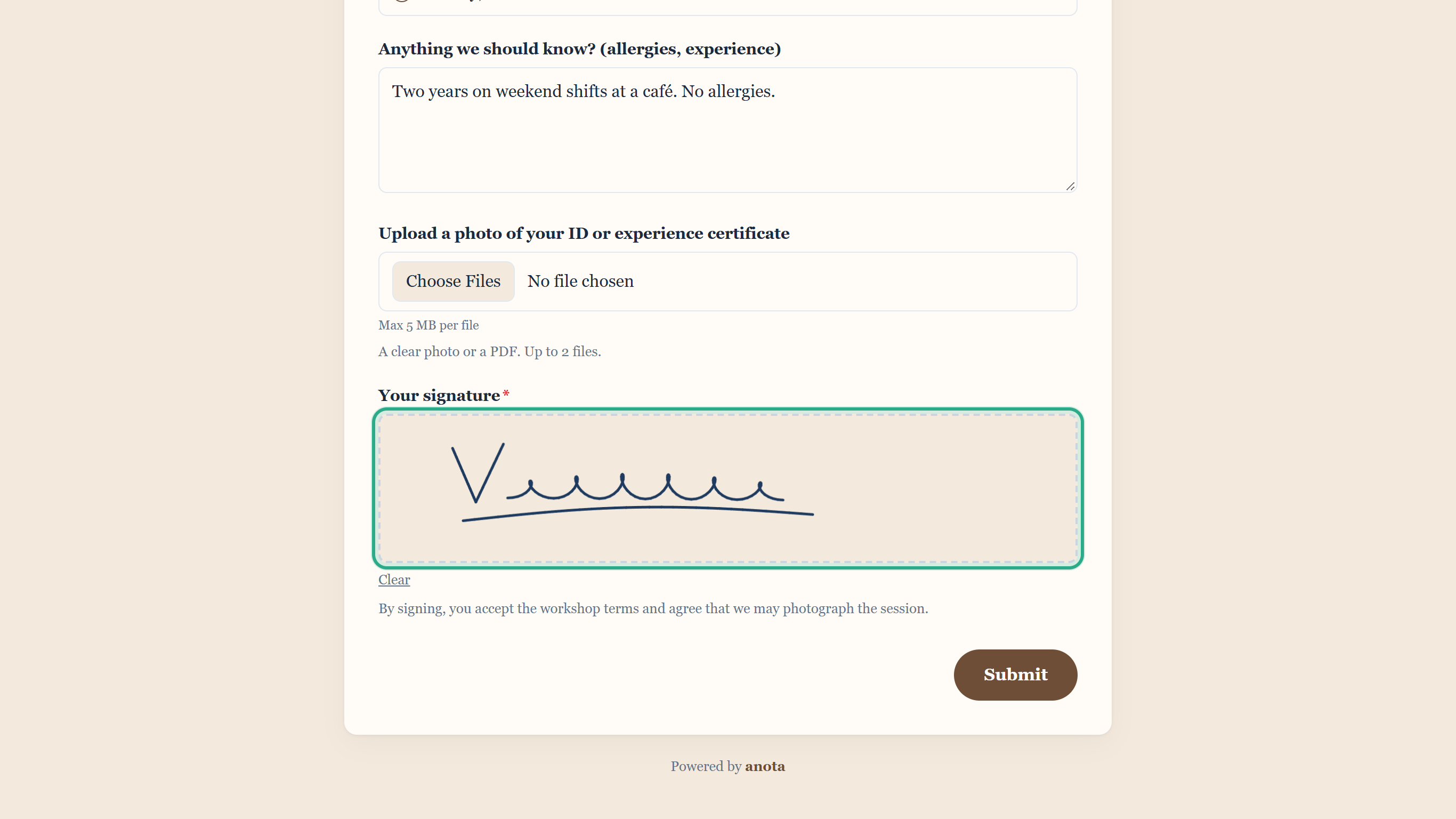 The Your signature pad, outlined, with a handwritten signature in dark blue ink