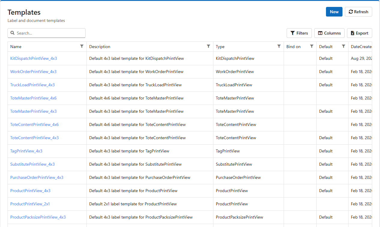 The Templates list: each template with its name, description, type, the field it binds on, whether it is the default for its type, and when it was created