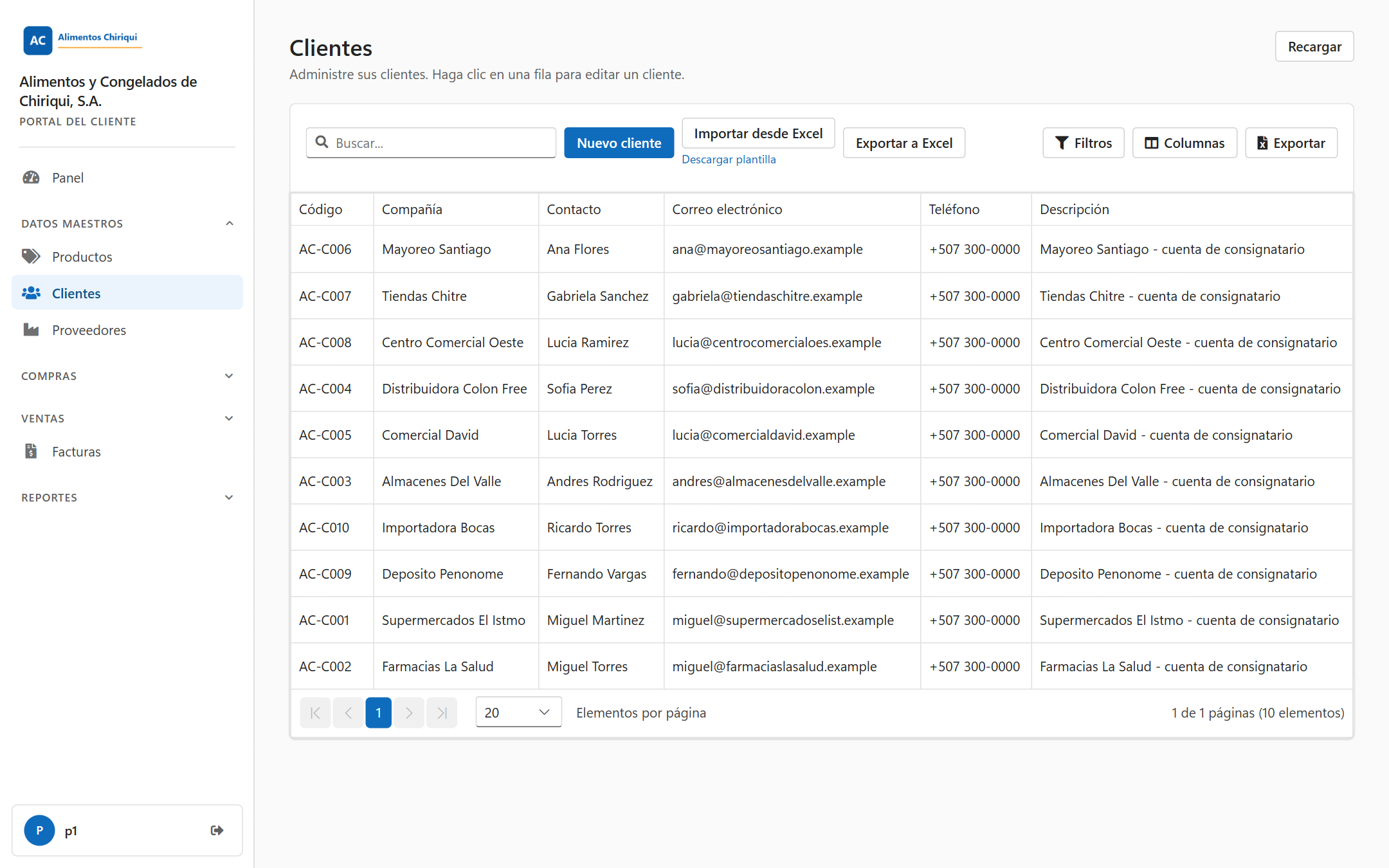 La lista de Clientes con los botones Nuevo cliente e Importar desde Excel y la cuadrícula de clientes
