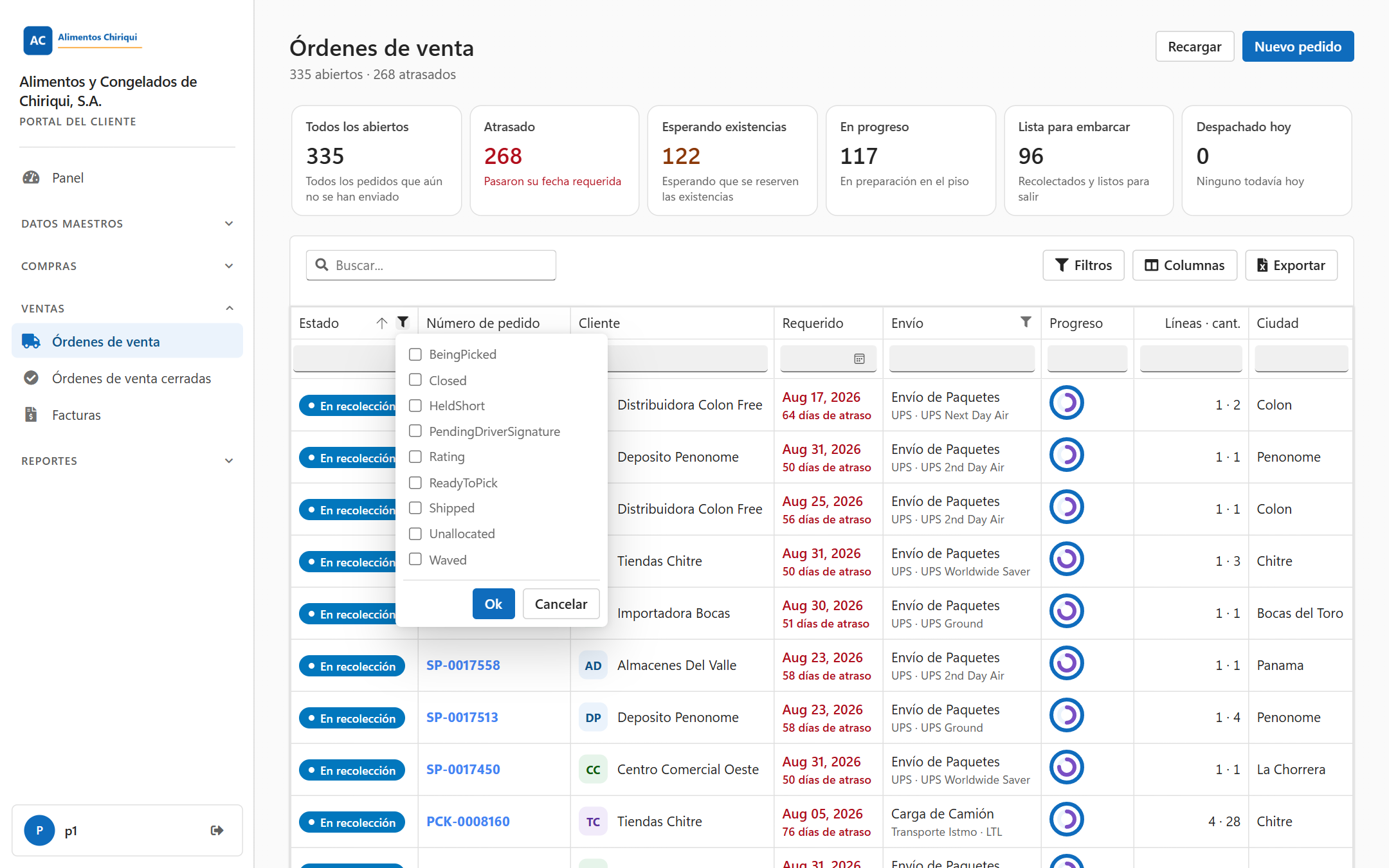 El filtro Estado de la lista Órdenes de venta, con los estados y sus casillas