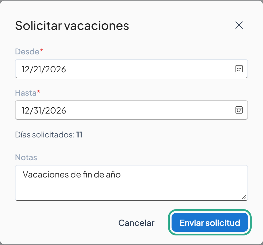 Cuadro Solicitar vacaciones con el botón Enviar solicitud resaltado