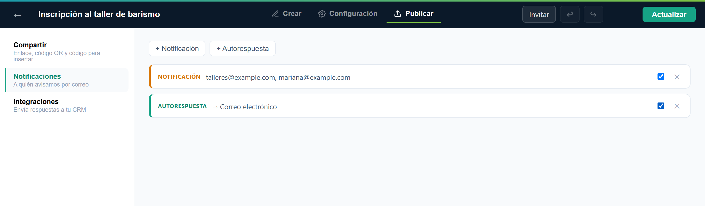 El panel Notificaciones con la Notificación (talleres@example.com, mariana@example.com) y la Autorespuesta (→ Correo electrónico), las dos activadas