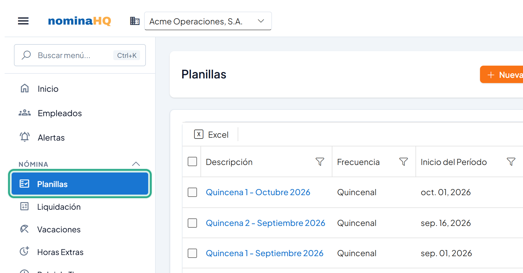 Pantalla Planillas con el menú Nómina → Planillas resaltado