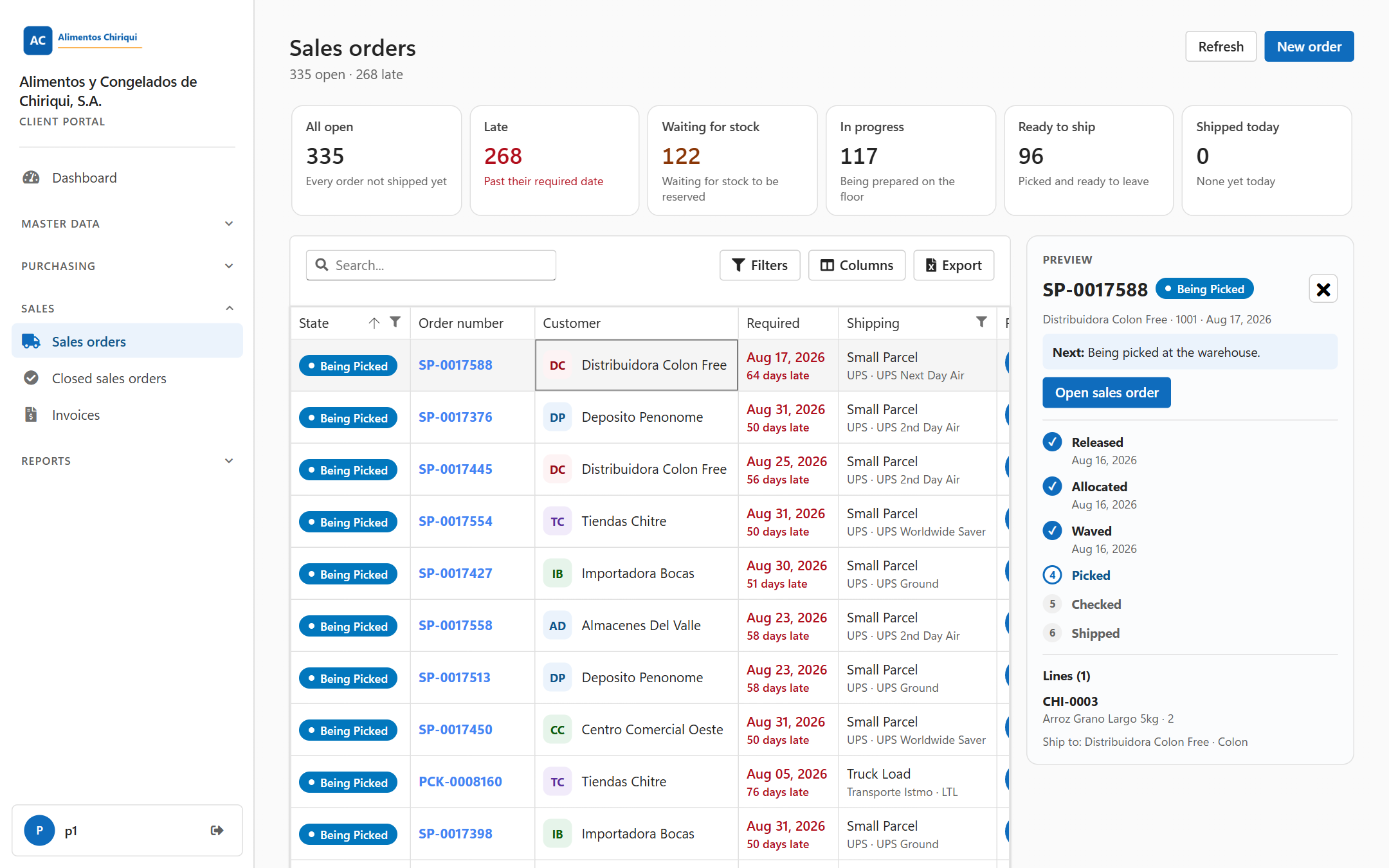 The Sales orders list with the preview panel open on the right
