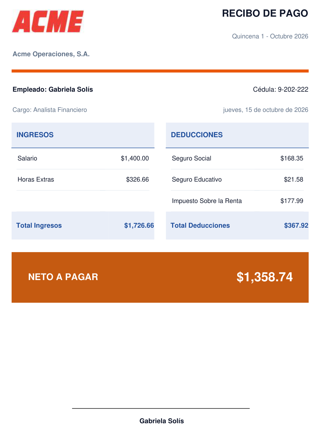 Página del archivo Recibos (PDF) con el recibo de Gabriela Solís, que incluye Horas Extras