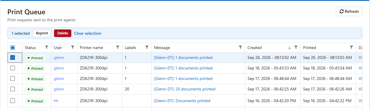 One request ticked, with the selection bar showing Reprint, Delete and Clear selection