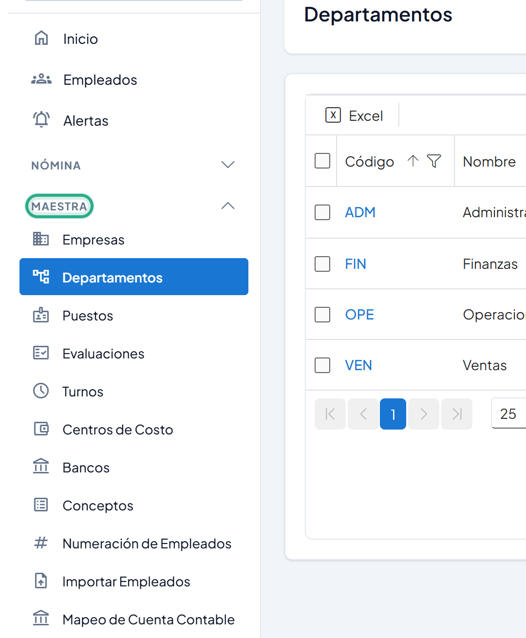 Menú lateral con la sección MAESTRA resaltada y sus opciones Empresas, Departamentos, Puestos, Evaluaciones, Turnos, Centros de Costo, Bancos, Conceptos, Numeración de Empleados, Importar Empleados y Mapeo de Cuenta Contable
