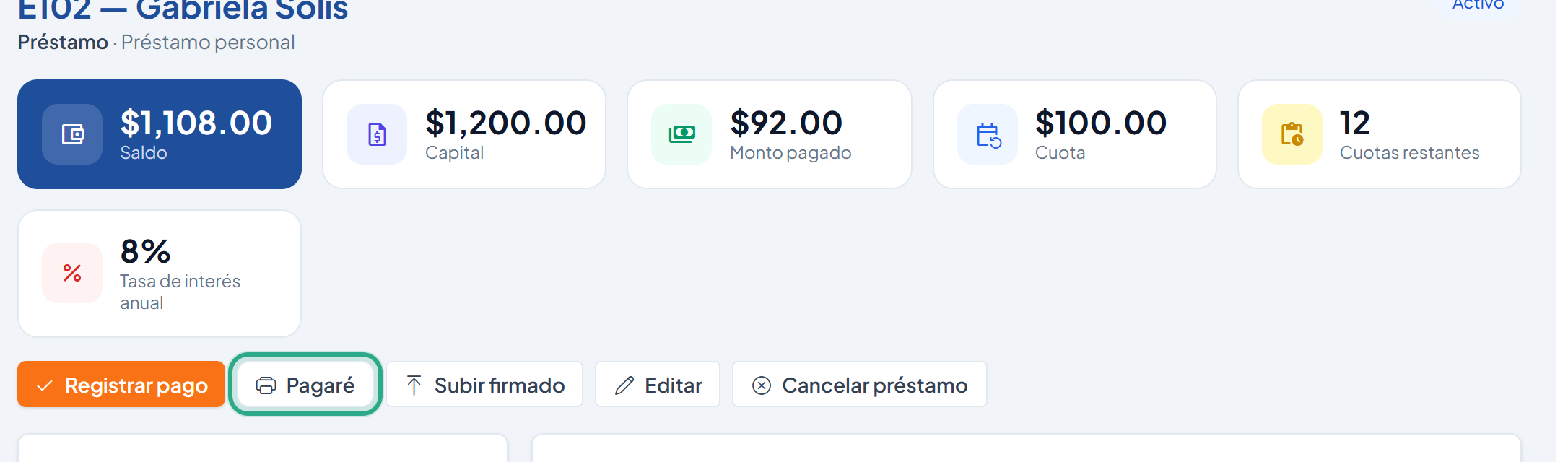 Detalle del préstamo de E102 Gabriela Solís con el botón Pagaré resaltado