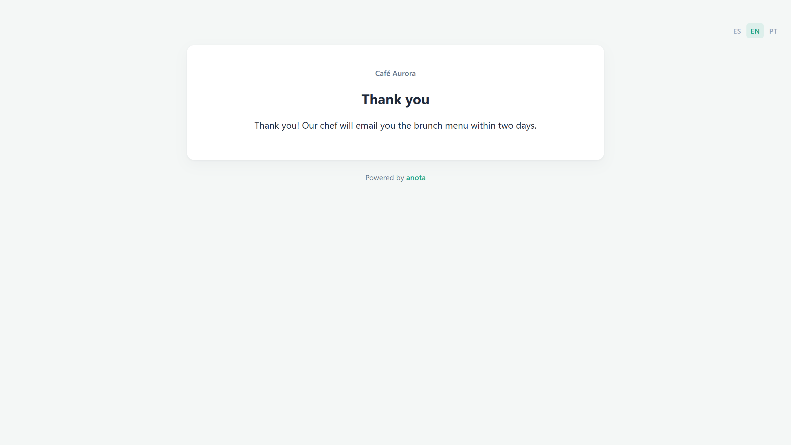 The thank-you screen from Café Aurora: Thank you! Our chef will email you the brunch menu within two days.