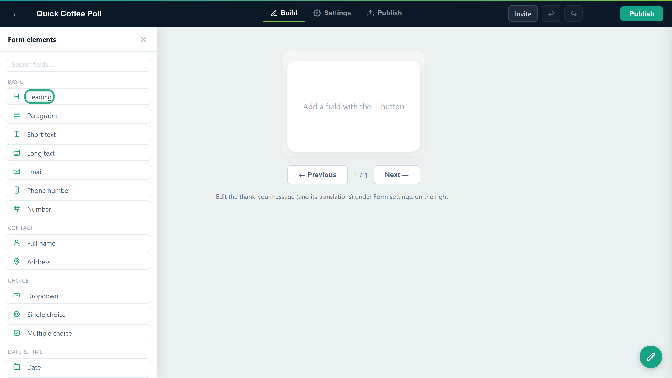 The Form elements panel open on the left of the Card editor, with Heading outlined under Basic