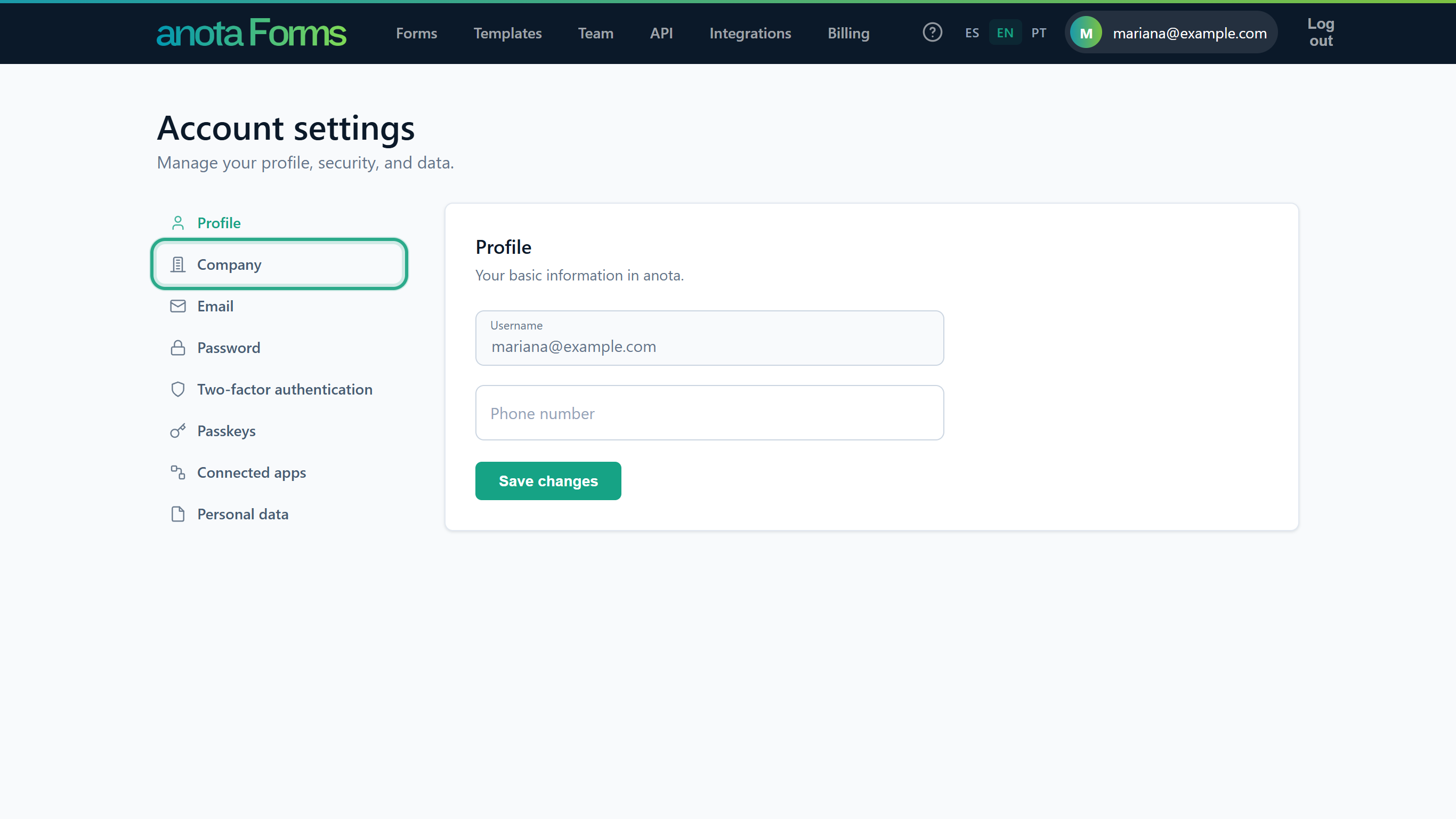 The Account settings page with the Company link outlined in the menu on the left