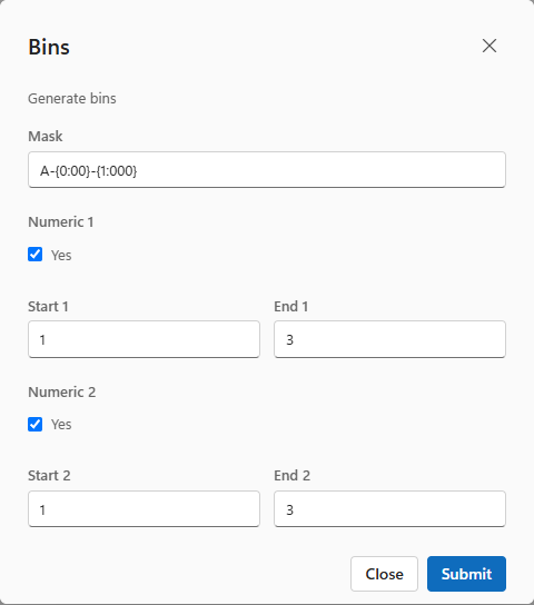 The Generate bins dialog with zone A mask, two numeric segments each from 1 to 3, which creates A-01-001 to A-03-003