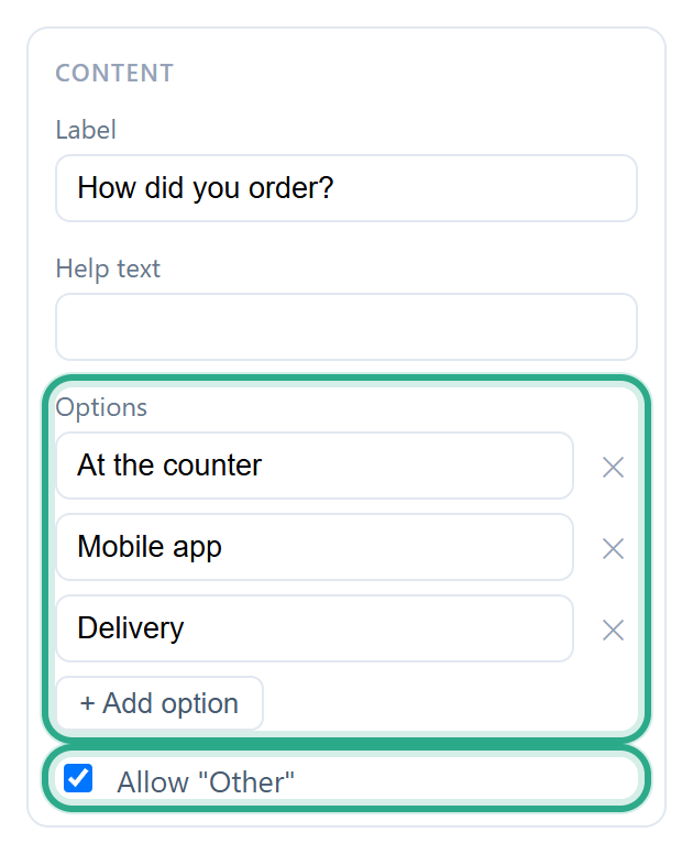 The Content section of a Single choice field with the Options list and + Add option outlined, and Allow Other ticked and outlined