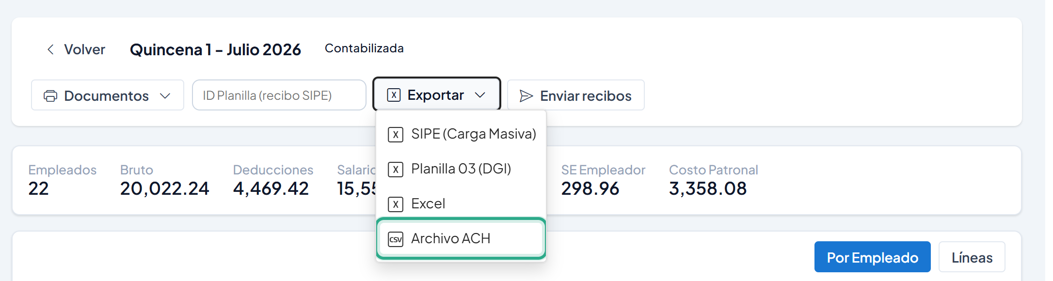 Menú Exportar abierto con la opción Archivo ACH resaltada
