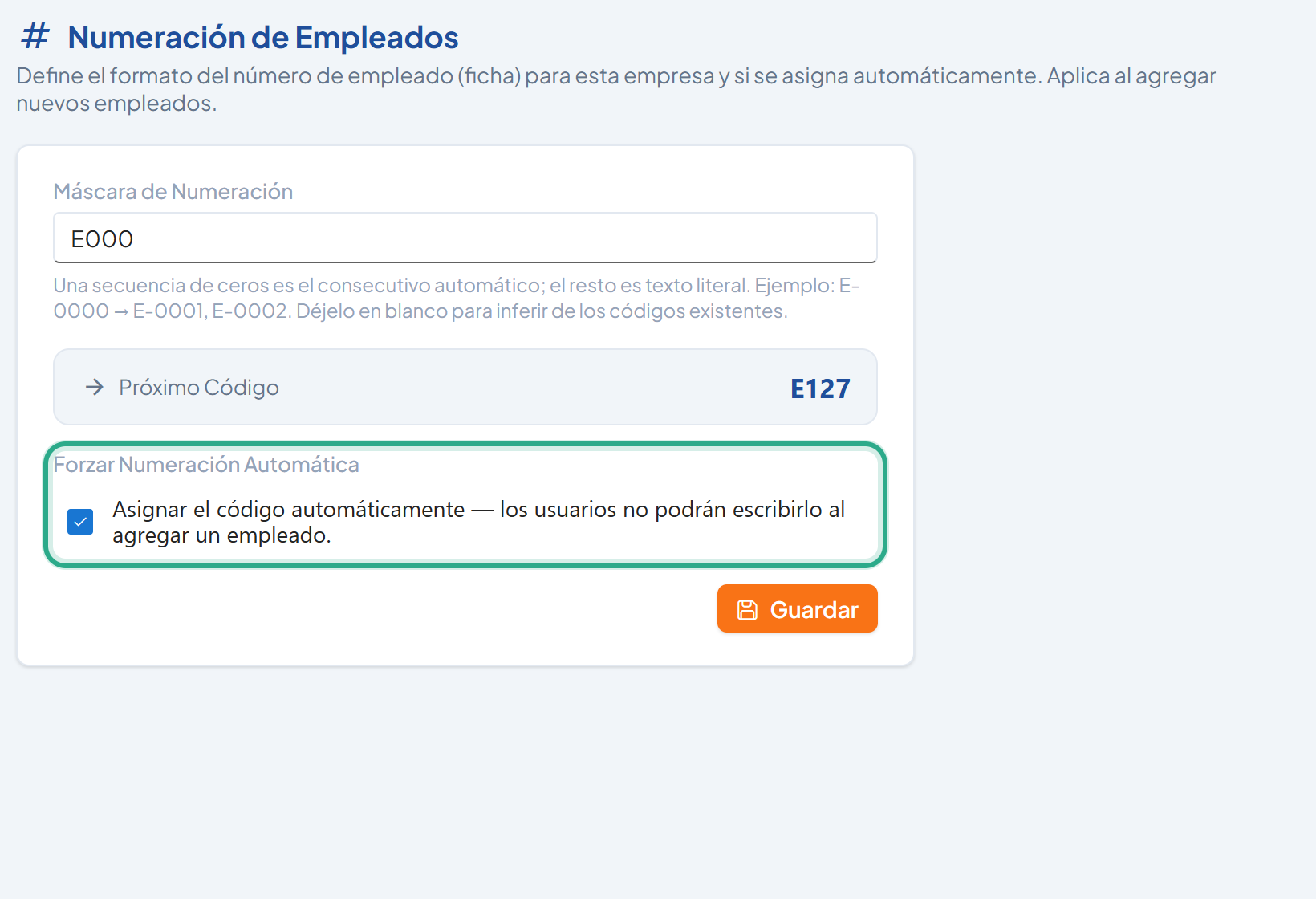 Casilla Forzar Numeración Automática marcada y resaltada