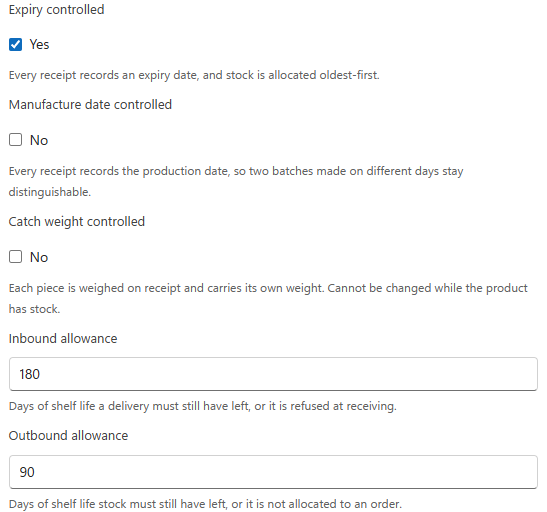 Expiry controlled switched on, with an inbound allowance of 180 days and an outbound allowance of 90 days