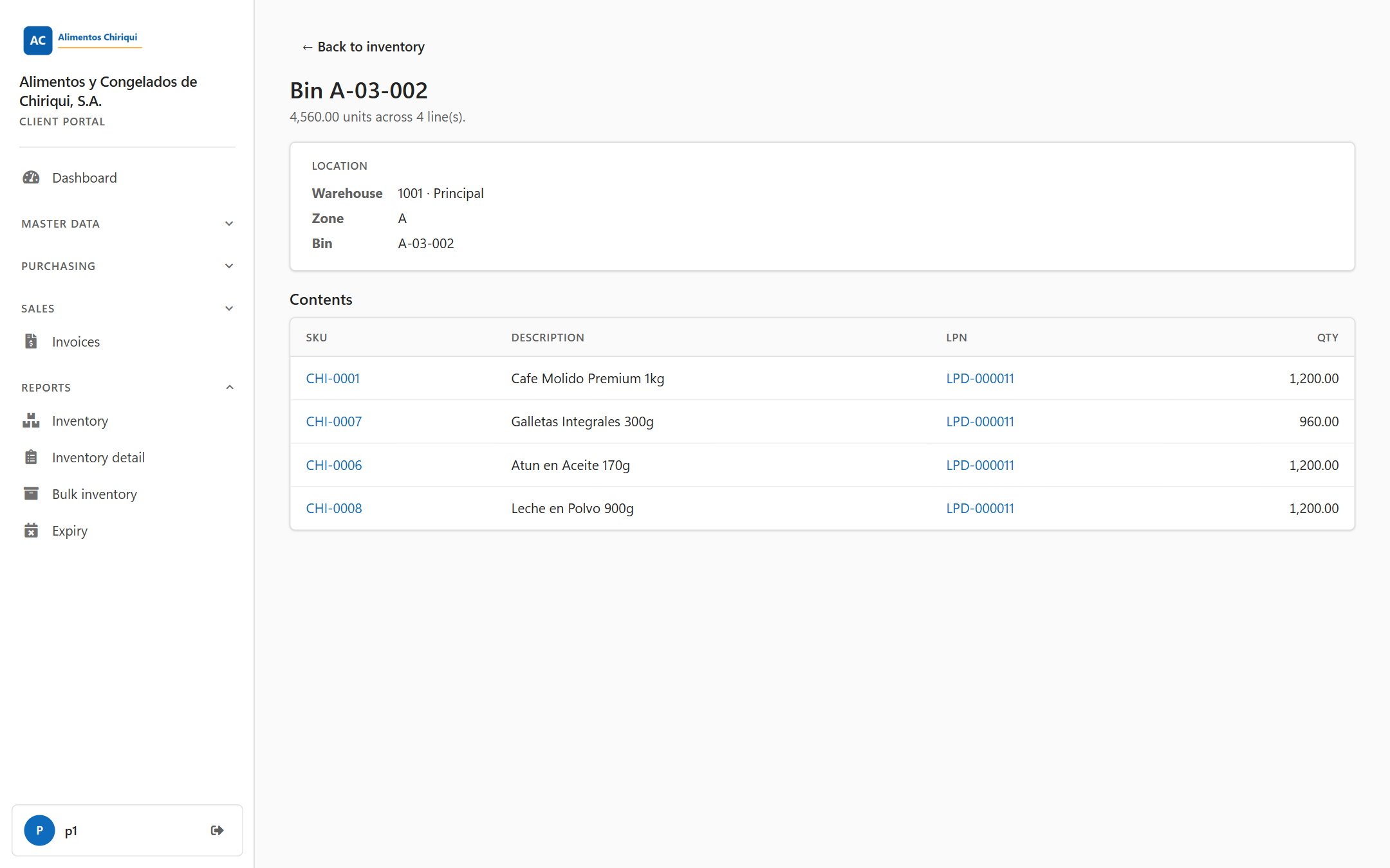 A bin page with the Location card and the Contents table