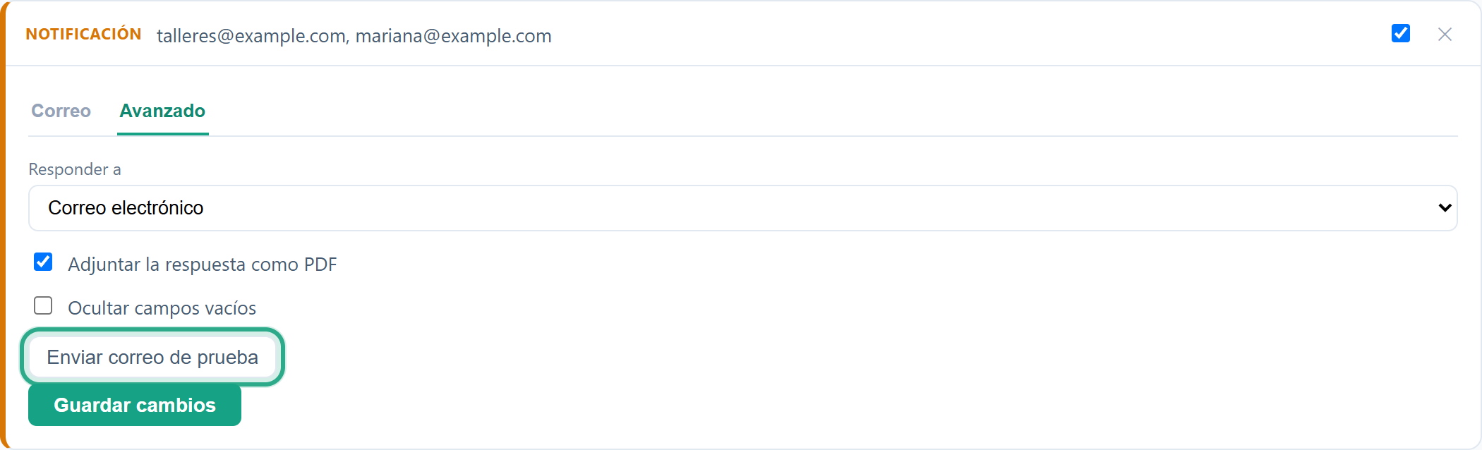 La tarjeta Notificación abierta en Avanzado, con Enviar correo de prueba resaltado