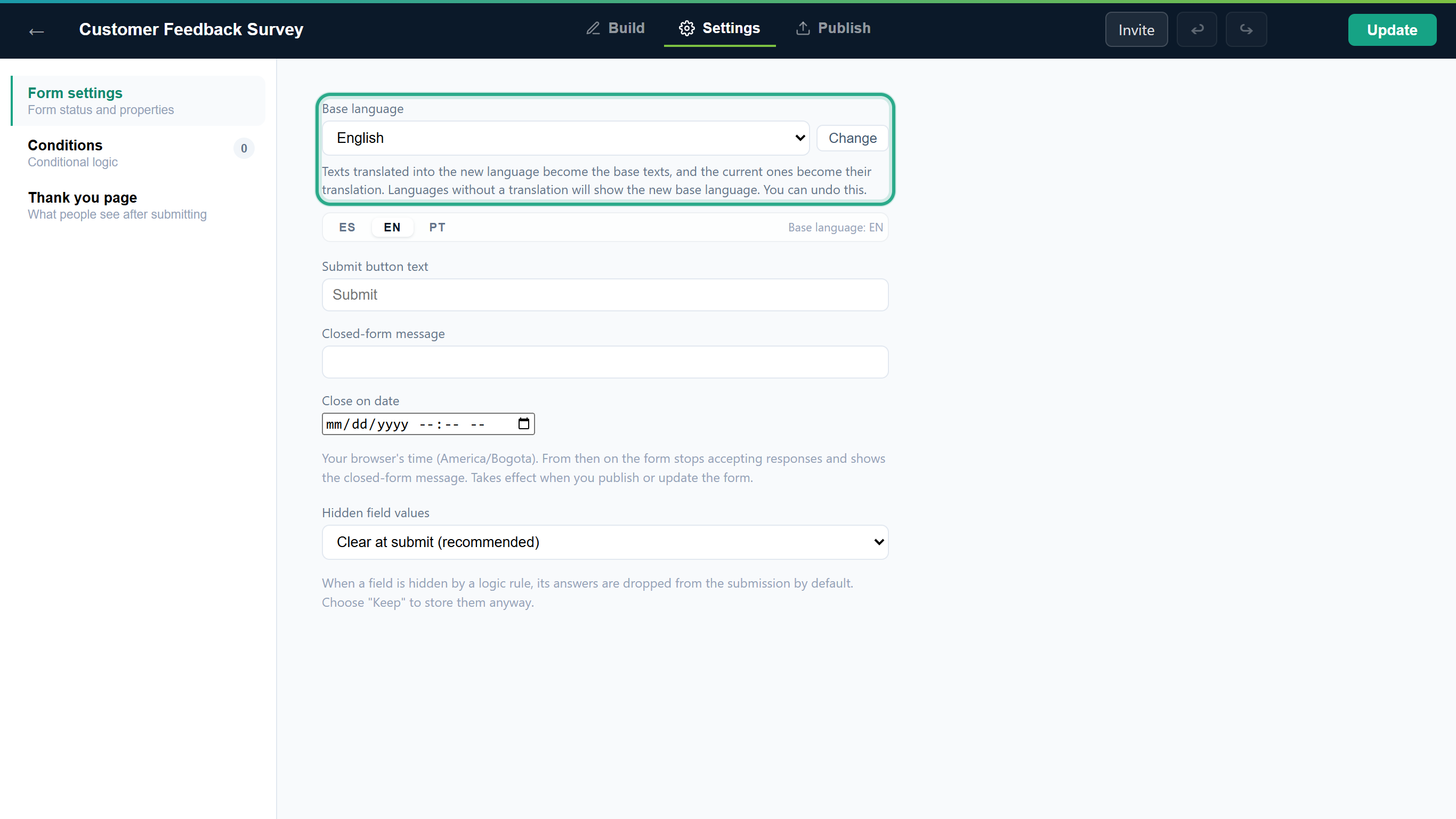 The Form settings section with the Base language box outlined: English selected, the Change button and the explanation below