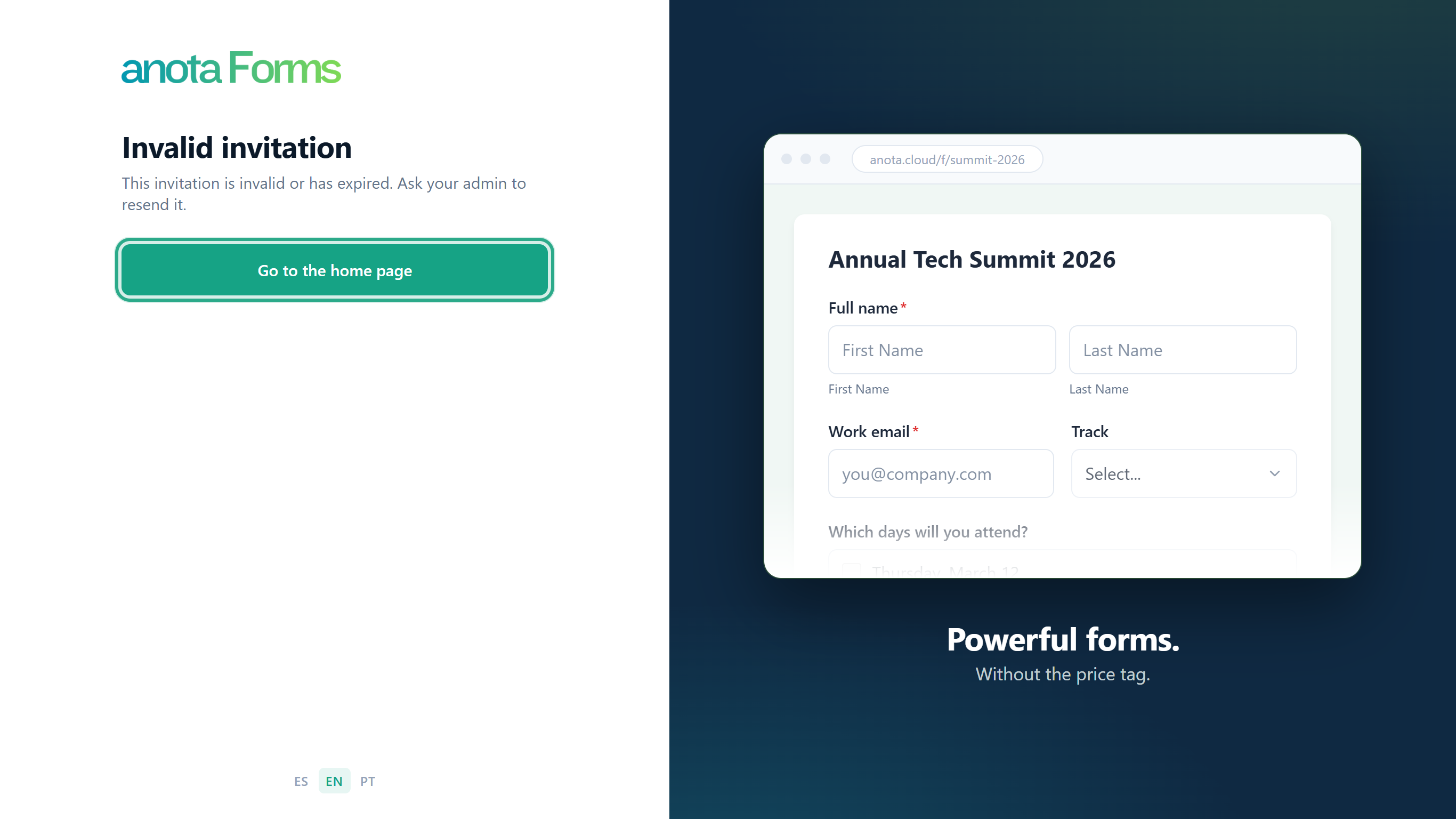 The Invalid invitation page with the Go to the home page button outlined
