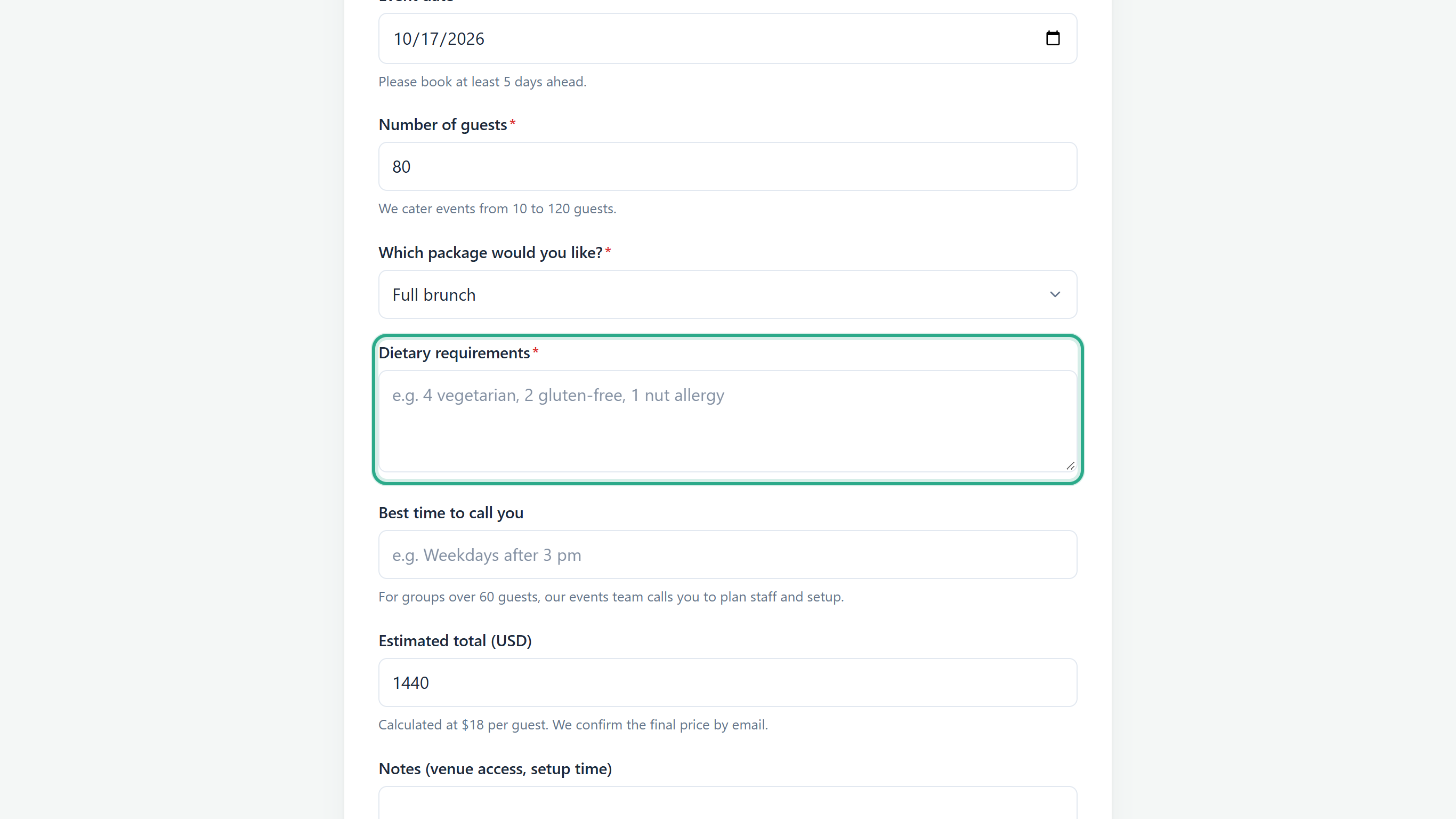 The Your event page with 80 guests and Full brunch: Dietary requirements now visible and required, outlined, Best time to call you visible, and Estimated total 1440