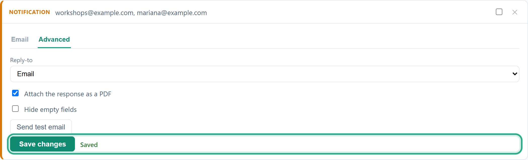 Save changes with Saved next to it, outlined; the card's header now shows the two recipients