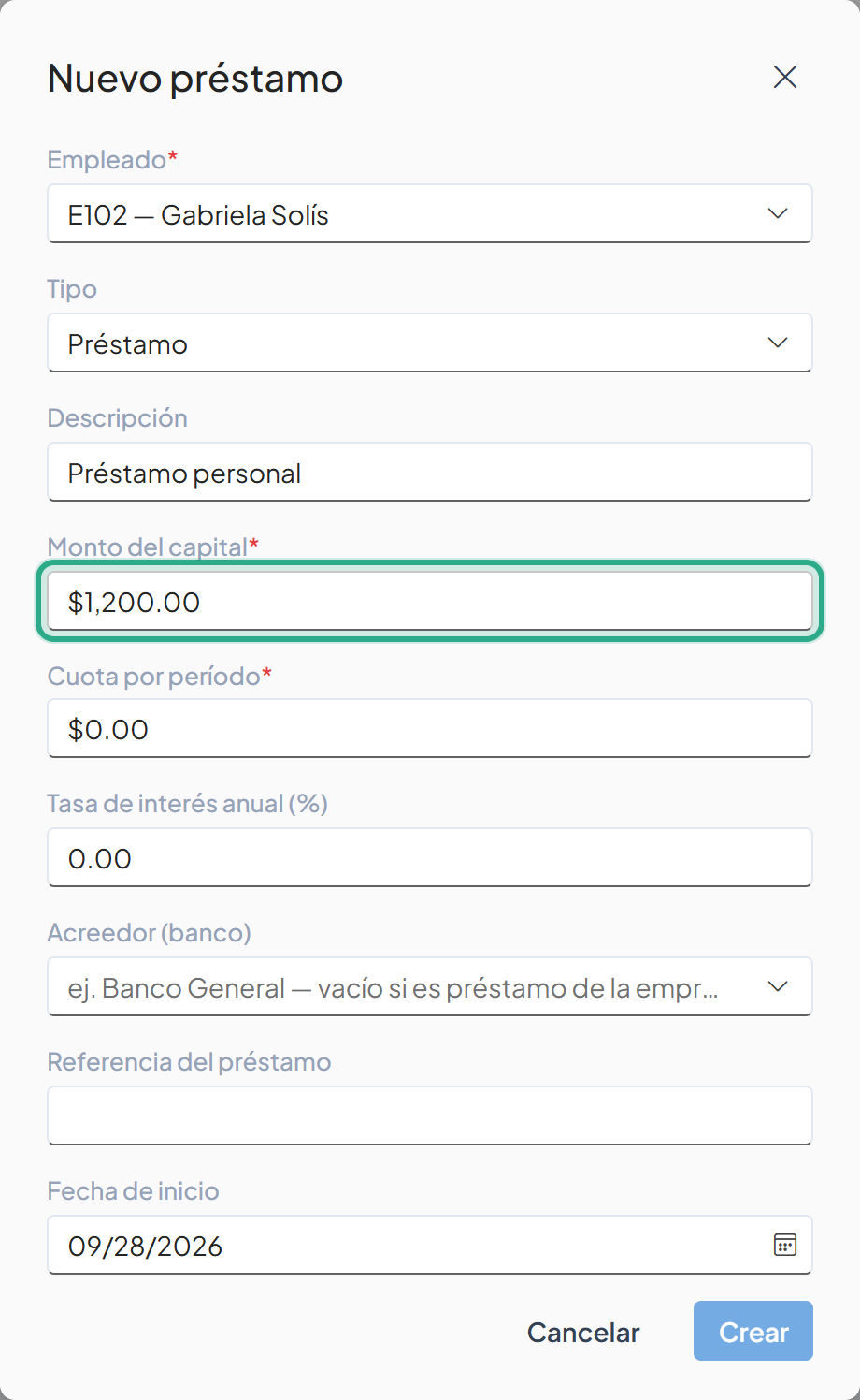 Campo Monto del capital resaltado con $1,200.00