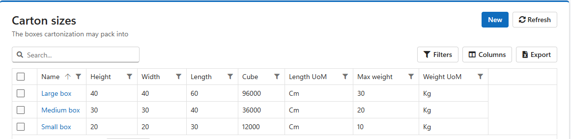 LogisticaHQ Carton Sizes