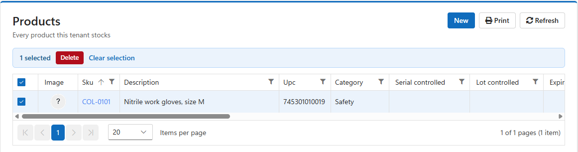 The product list filtered to COL-0101 with its row selected
