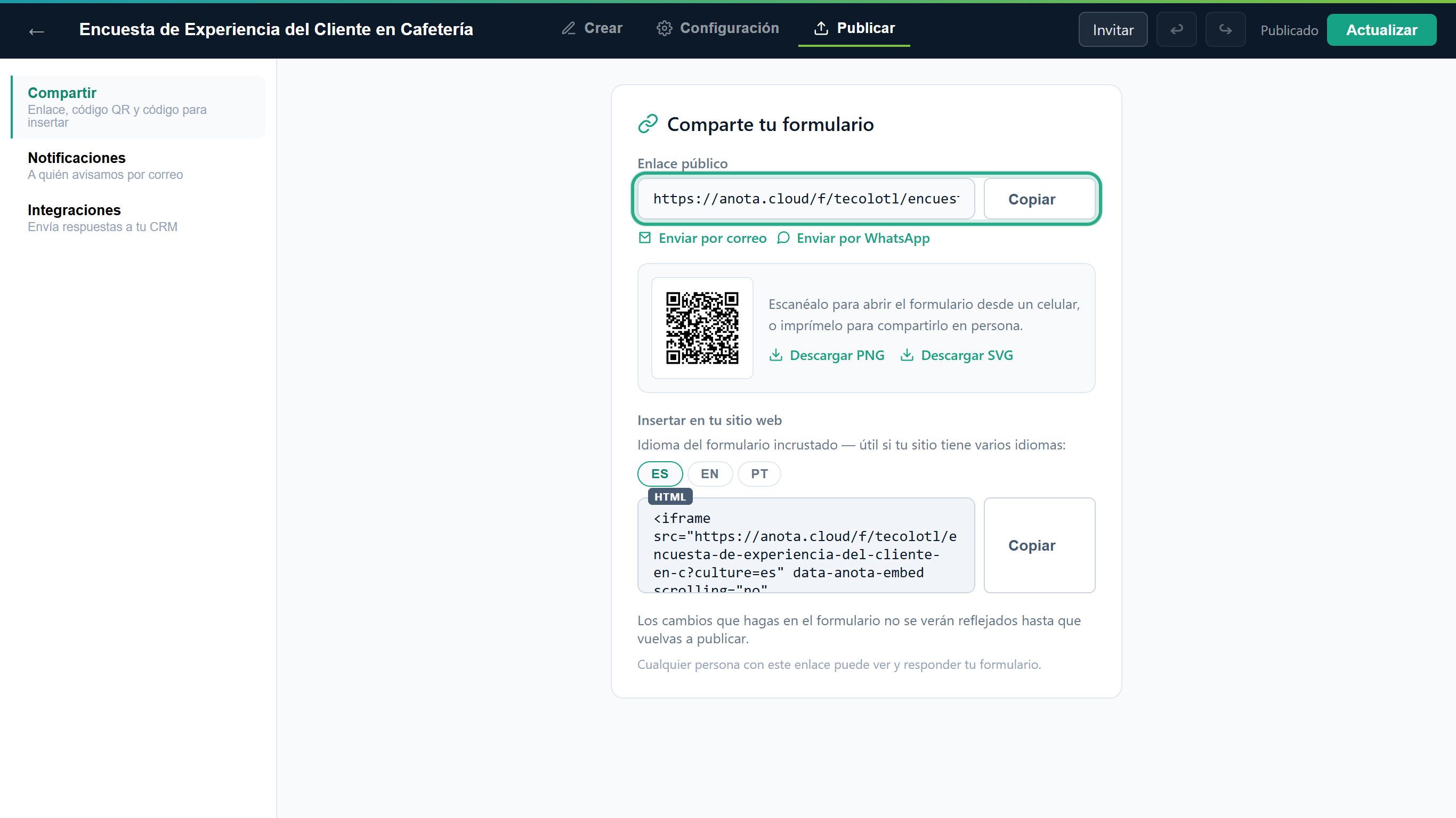 El panel Comparte tu formulario de la Encuesta de Experiencia del Cliente en Cafetería con el enlace público https://anota.cloud/f/tecolotl/encues… resaltado; la barra superior muestra Publicado y Actualizar