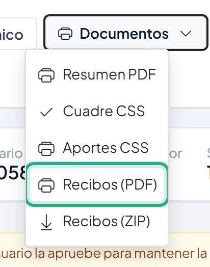 Menú Documentos abierto con la opción Recibos (PDF) resaltada