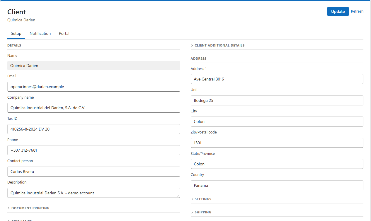 A client's Setup tab: name, email, company name, tax ID, phone, contact person and description on the left, the address on the right