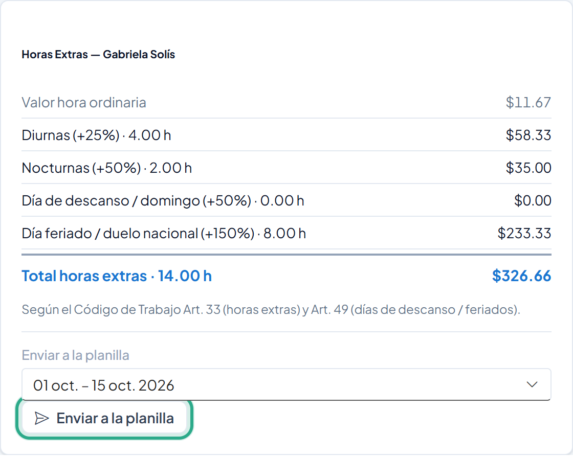 Botón Enviar a la planilla resaltado
