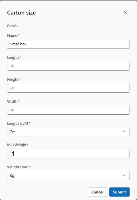 LogisticaHQ New Box size Setup