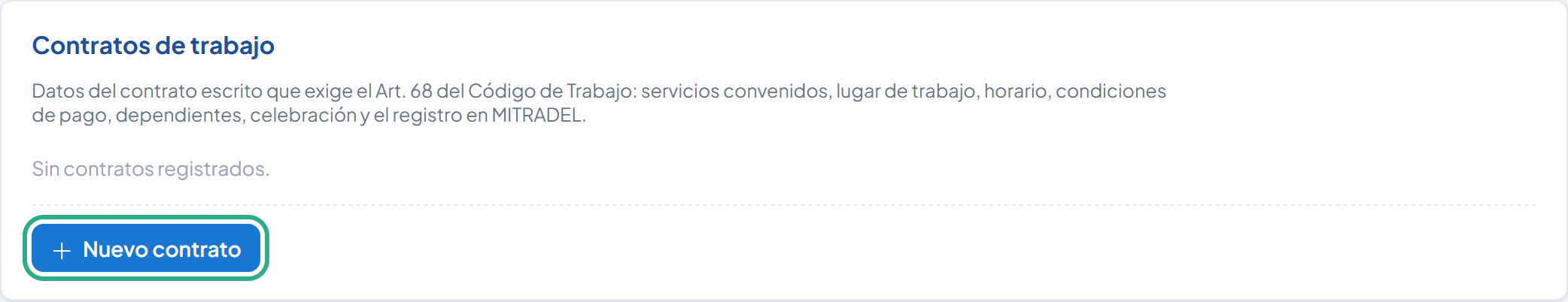 Tarjeta Contratos de trabajo sin contratos registrados y el botón Nuevo contrato resaltado