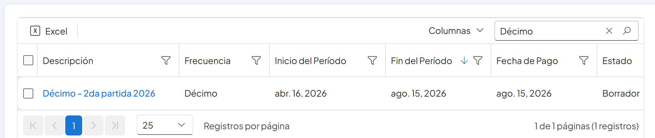 Lista de planillas filtrada por Décimo con la fila Décimo - 2da partida 2026 resaltada