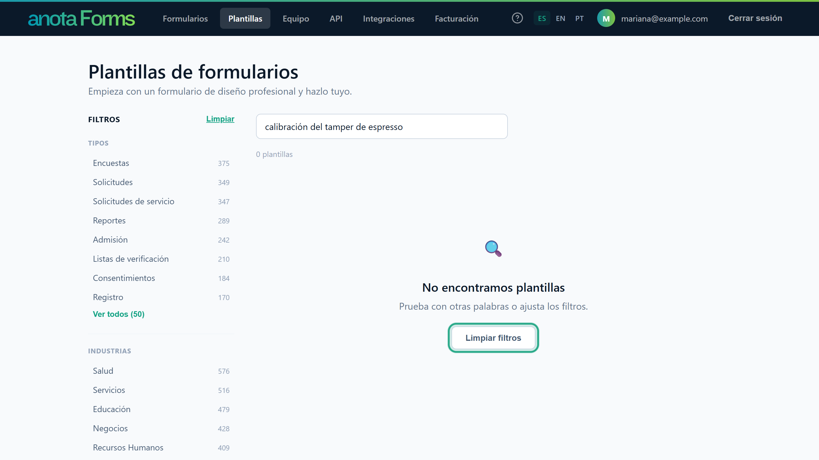 El mensaje No encontramos plantillas, Prueba con otras palabras o ajusta los filtros, con el botón Limpiar filtros resaltado, después de buscar calibración del tamper de espresso
