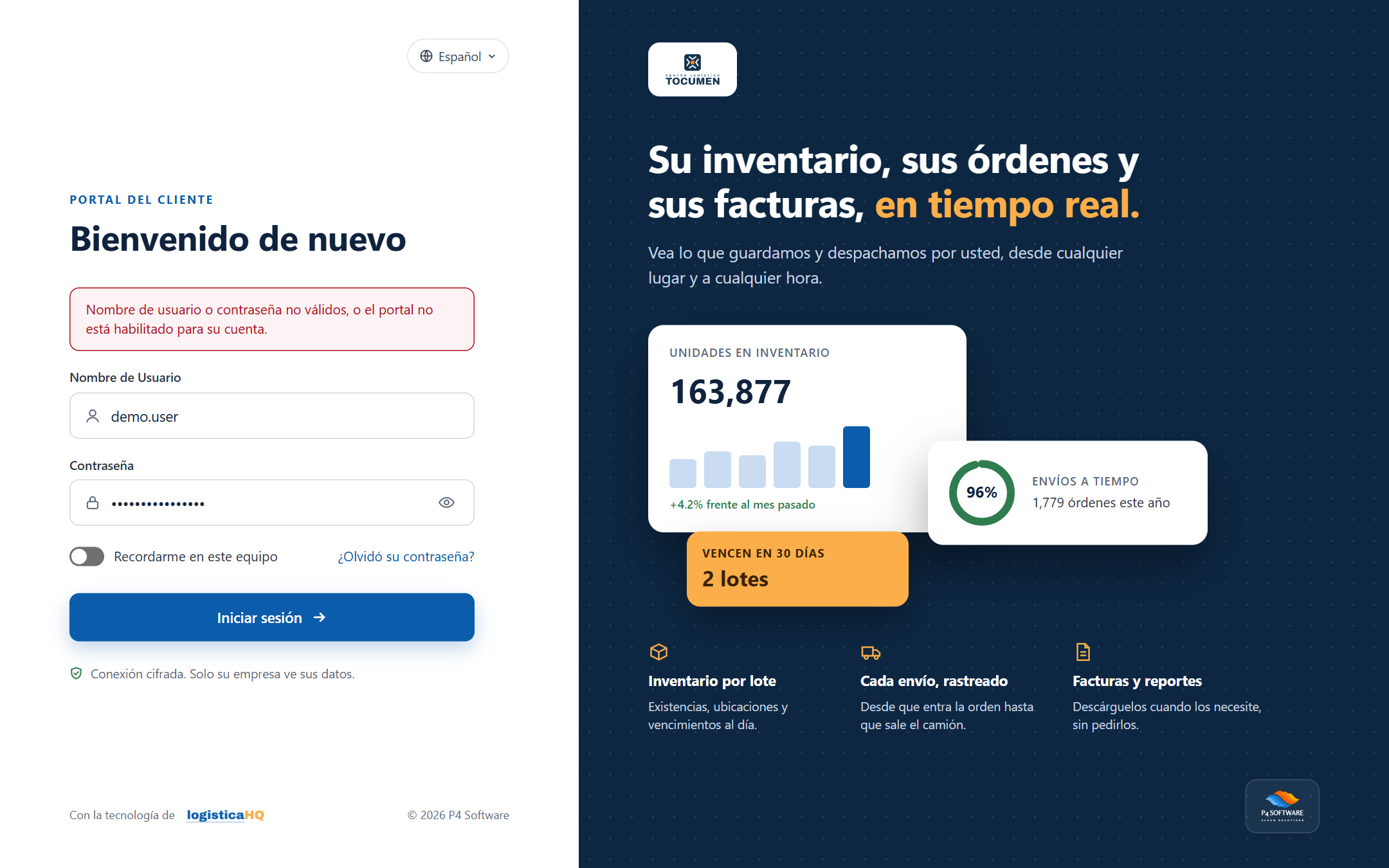 La página de inicio de sesión con el mensaje general de error sobre el formulario