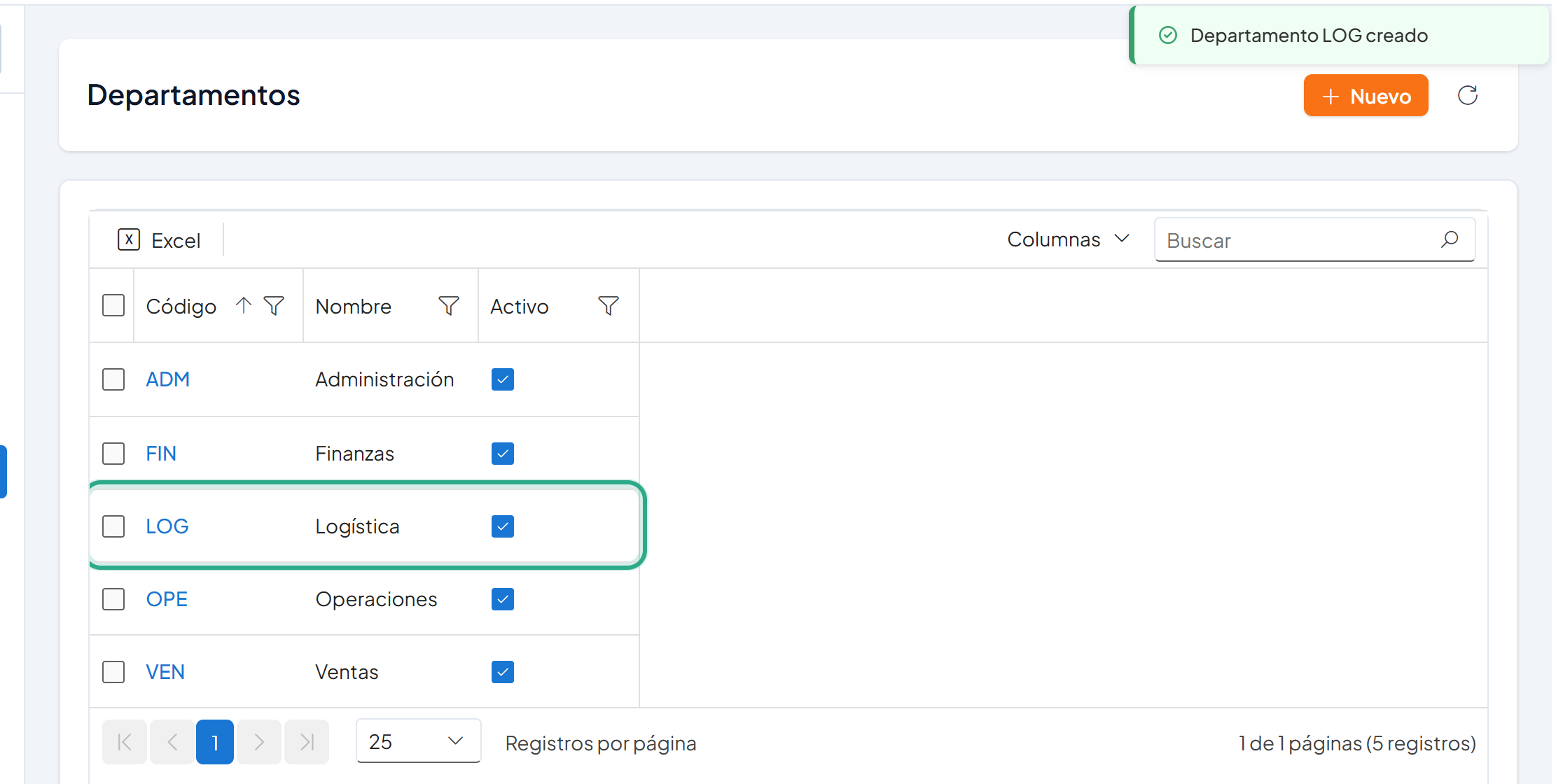 Lista de departamentos con la nueva fila LOG Logística resaltada