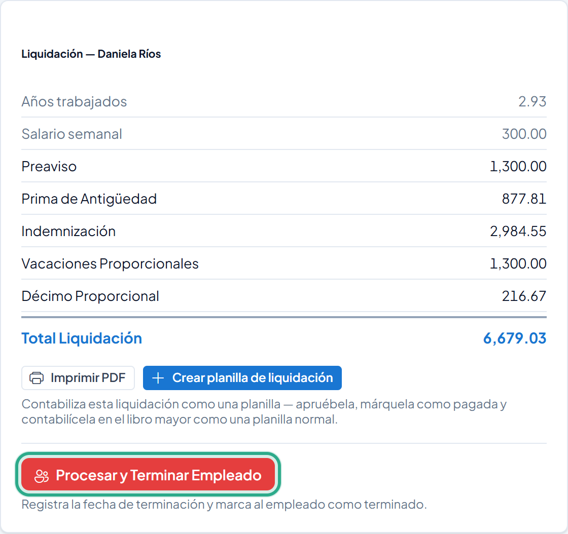 Bloque Liquidación con el botón rojo Procesar y Terminar Empleado resaltado