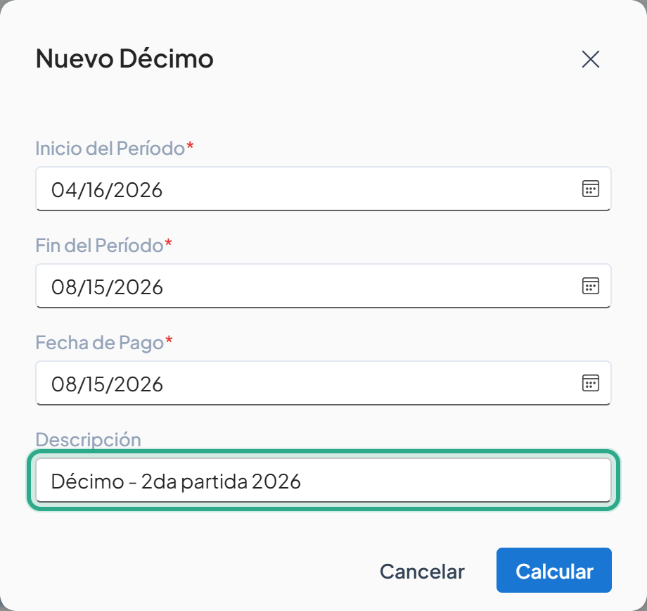 Campo Descripción resaltado con Décimo - 2da partida 2026