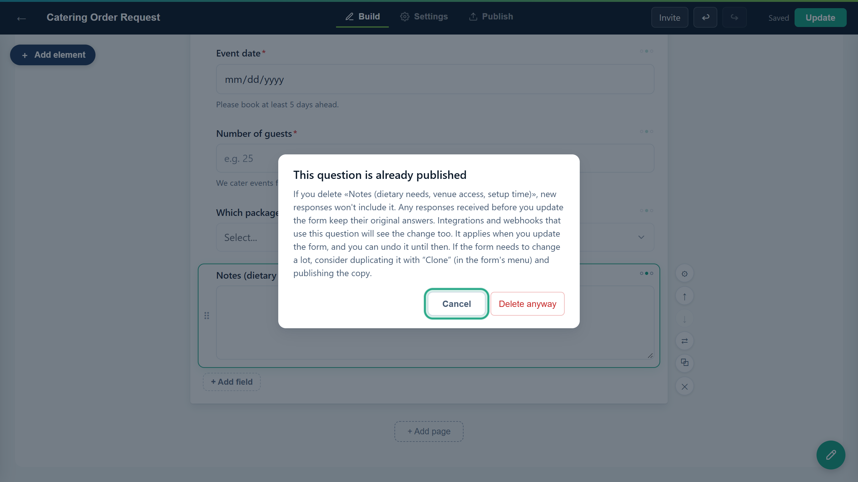 The This question is already published dialog for the Notes field, with the Cancel button outlined next to Delete anyway