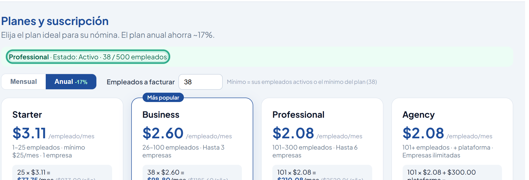 Franja con el plan Professional, el estado y 38 / 500 empleados resaltada, sobre el selector Mensual / Anual y el campo Empleados a facturar