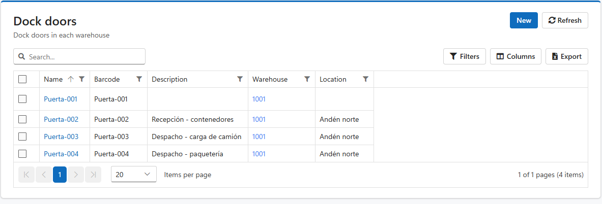 LogisticaHQ, configuración de puertas de andén