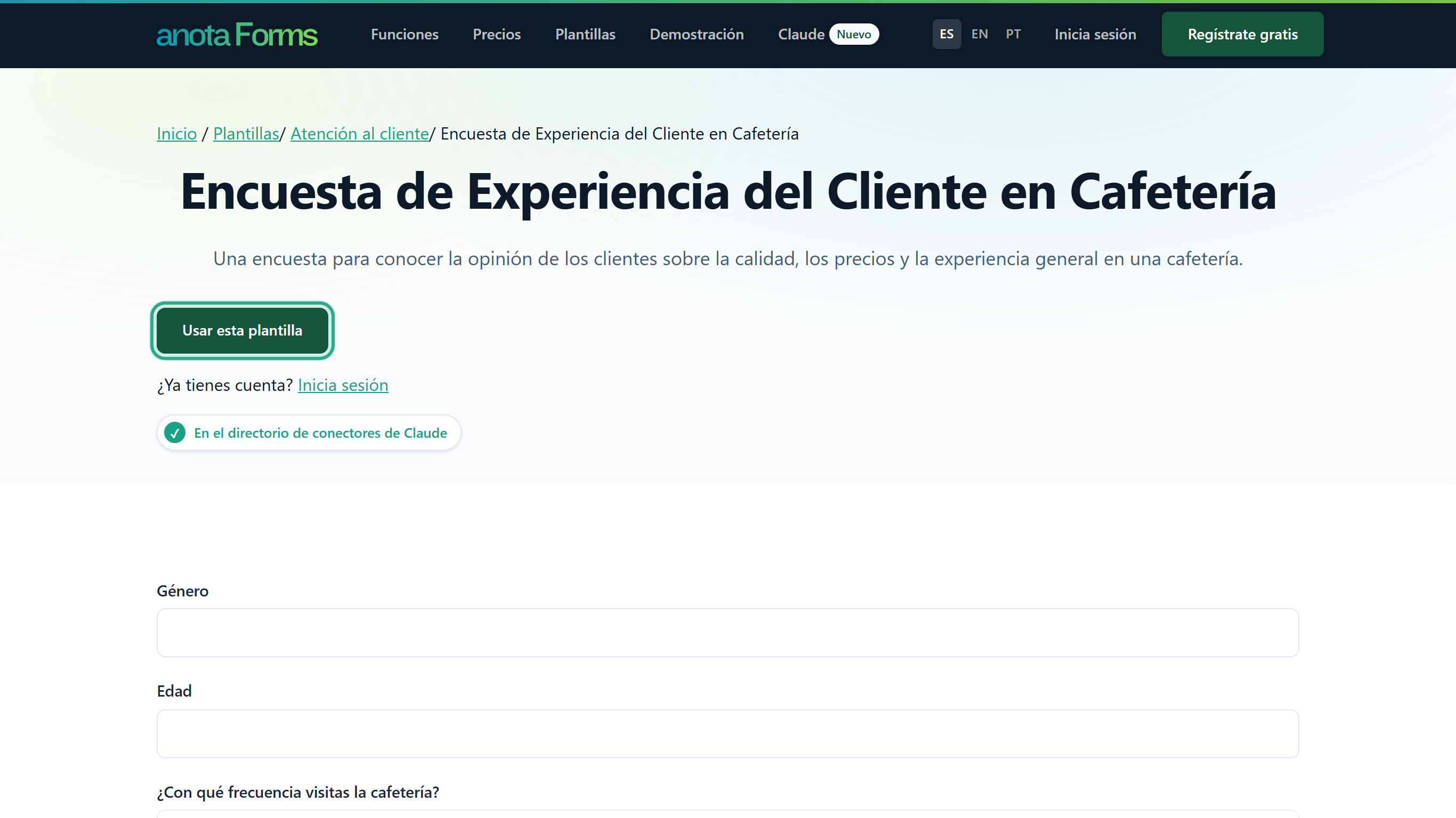 La página pública de la plantilla Encuesta de Experiencia del Cliente en Cafetería, con el botón Usar esta plantilla resaltado y ¿Ya tienes cuenta? Inicia sesión debajo